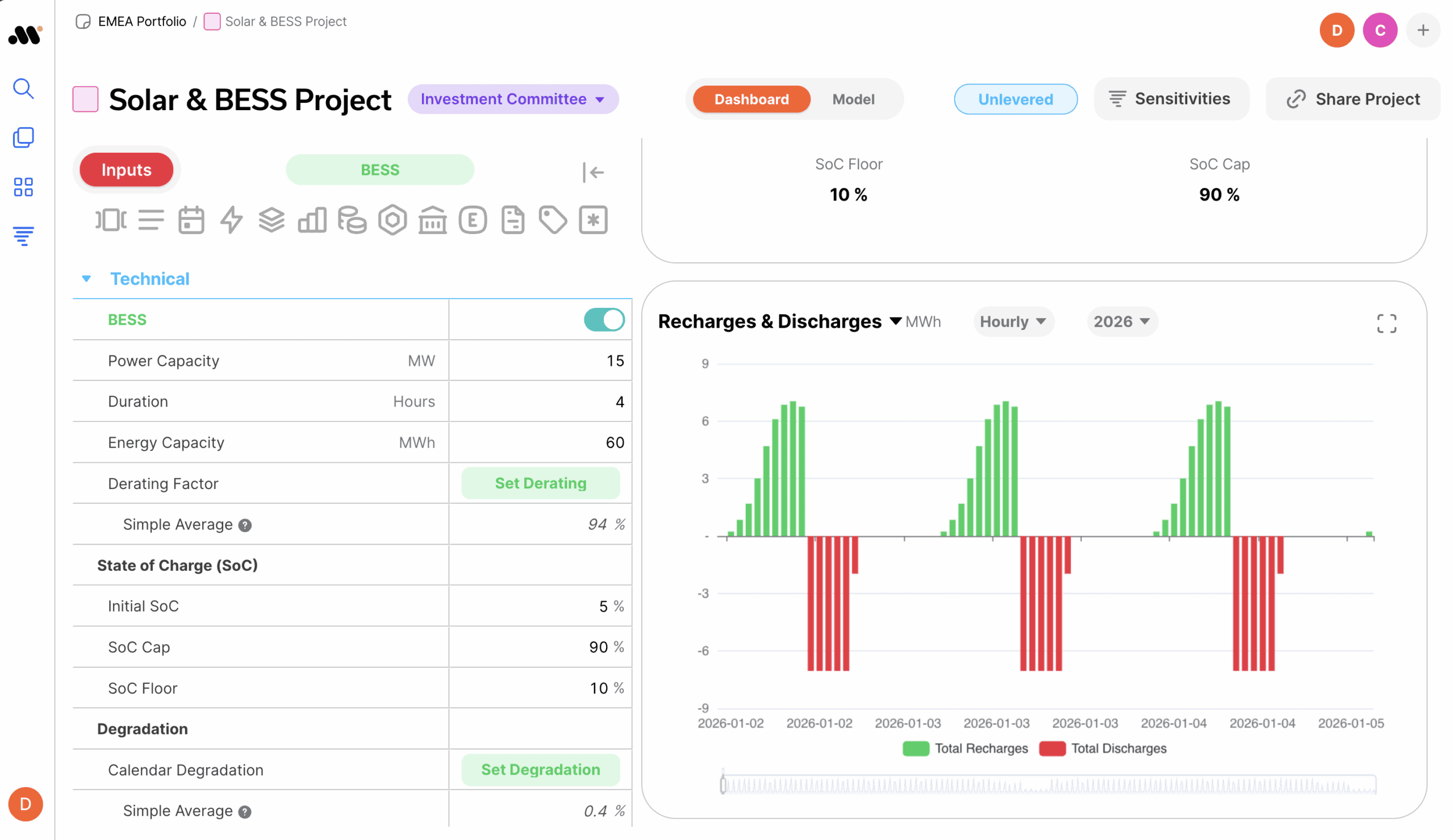 Modelium technical panel showing key parameters of a Solar & BESS project, including power capacity, duration, energy capacity, and a charge/discharge graph for 2026.